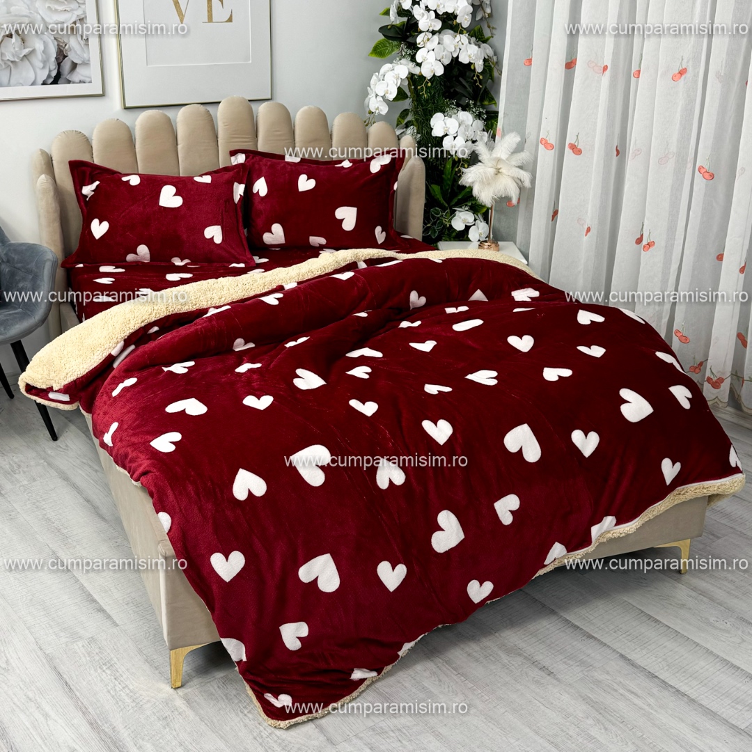 Poze Lenjerie pat dublu, Super Pufoasa COCOLINO cu BLANITA, 4 piese, Rosu, inimioare cumparamisim.ro