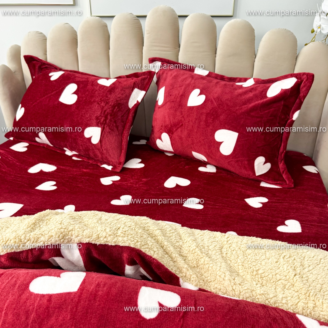 Poze Lenjerie pat dublu, Super Pufoasa COCOLINO cu BLANITA, 4 piese, Rosu, inimioare cumparamisim.ro