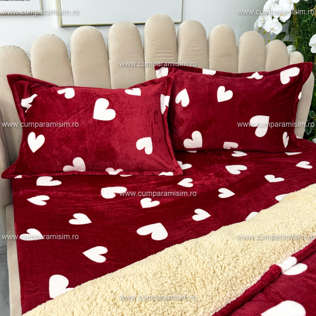 Poze Lenjerie pat dublu, Super Pufoasa COCOLINO cu BLANITA, 4 piese, Rosu, inimioare cumparamisim.ro