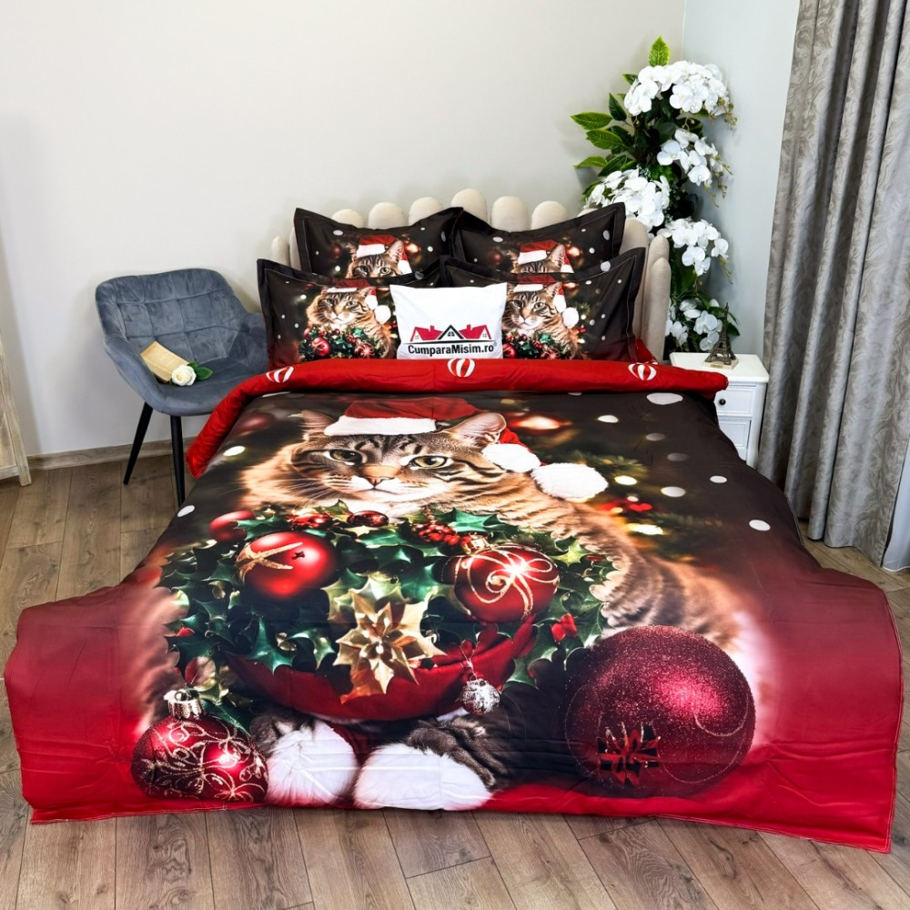 Lenjerie pat dublu, FINET, Digital Print, Craciun, Rosu, Negru, pisicuta – imagine 2
