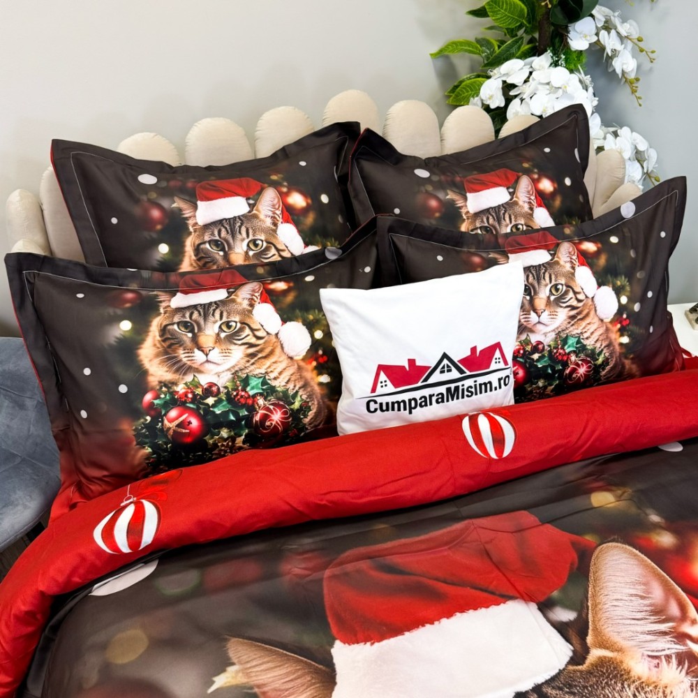Lenjerie pat dublu, FINET, Digital Print, Craciun, Rosu, Negru, pisicuta – imagine 3