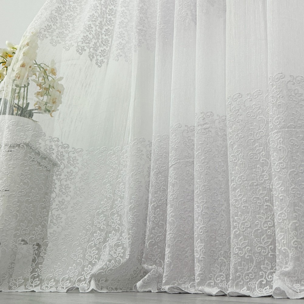 Perdea Florice tip IN cu Broderie, Alb, 140cm latime x 260cm inaltime, cu rejansa pt bara – imagine 3