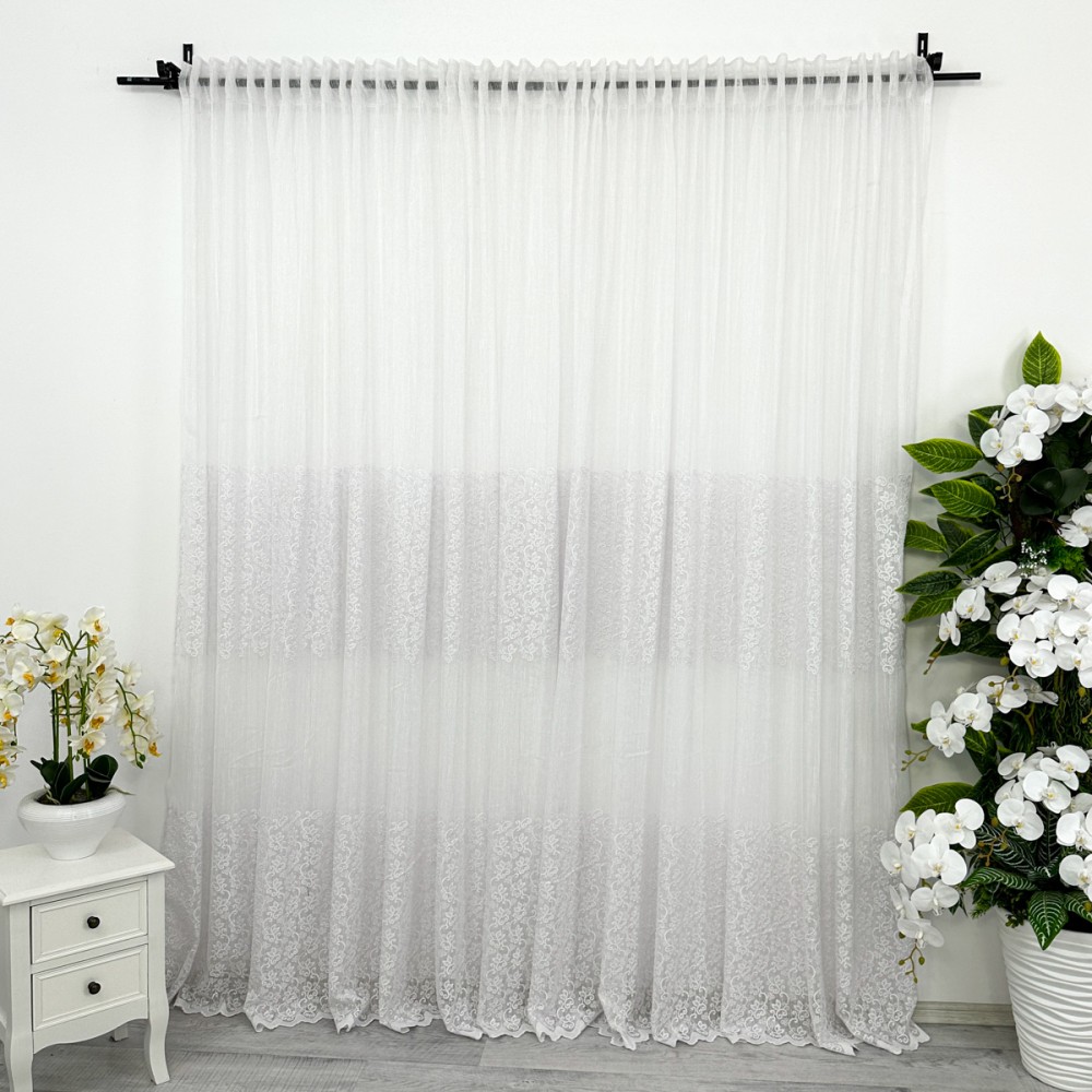 Perdea Florice tip IN cu Broderie, Alb, 140cm latime x 260cm inaltime, cu rejansa pt bara – imagine 7