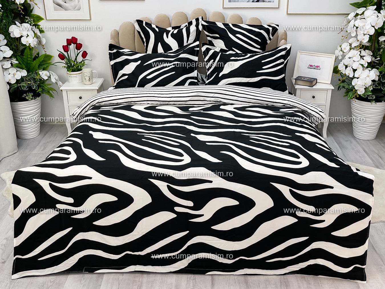 Poze Lenjerie pat dublu,  FINET, 6 piese, cu ELASTIC, Jojo Home, Alb-Negru, animal print cumparamisim.ro