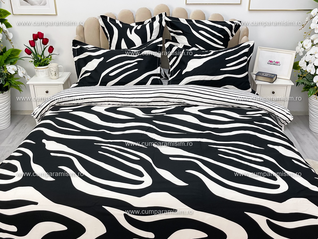 Poze Lenjerie pat dublu,  FINET, 6 piese, cu ELASTIC, Jojo Home, Alb-Negru, animal print cumparamisim.ro