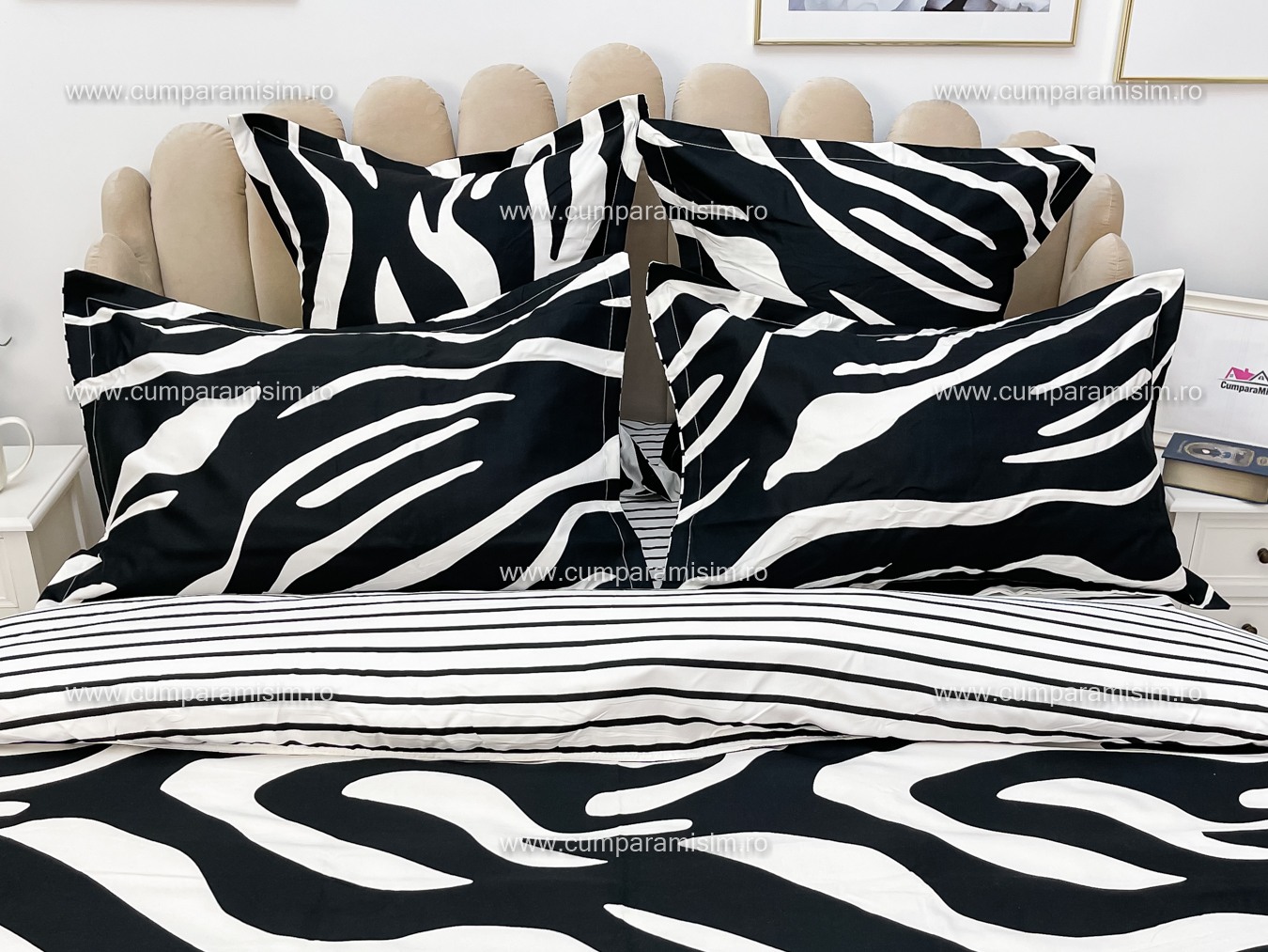 Poze Lenjerie pat dublu,  FINET, 6 piese, cu ELASTIC, Jojo Home, Alb-Negru, animal print cumparamisim.ro