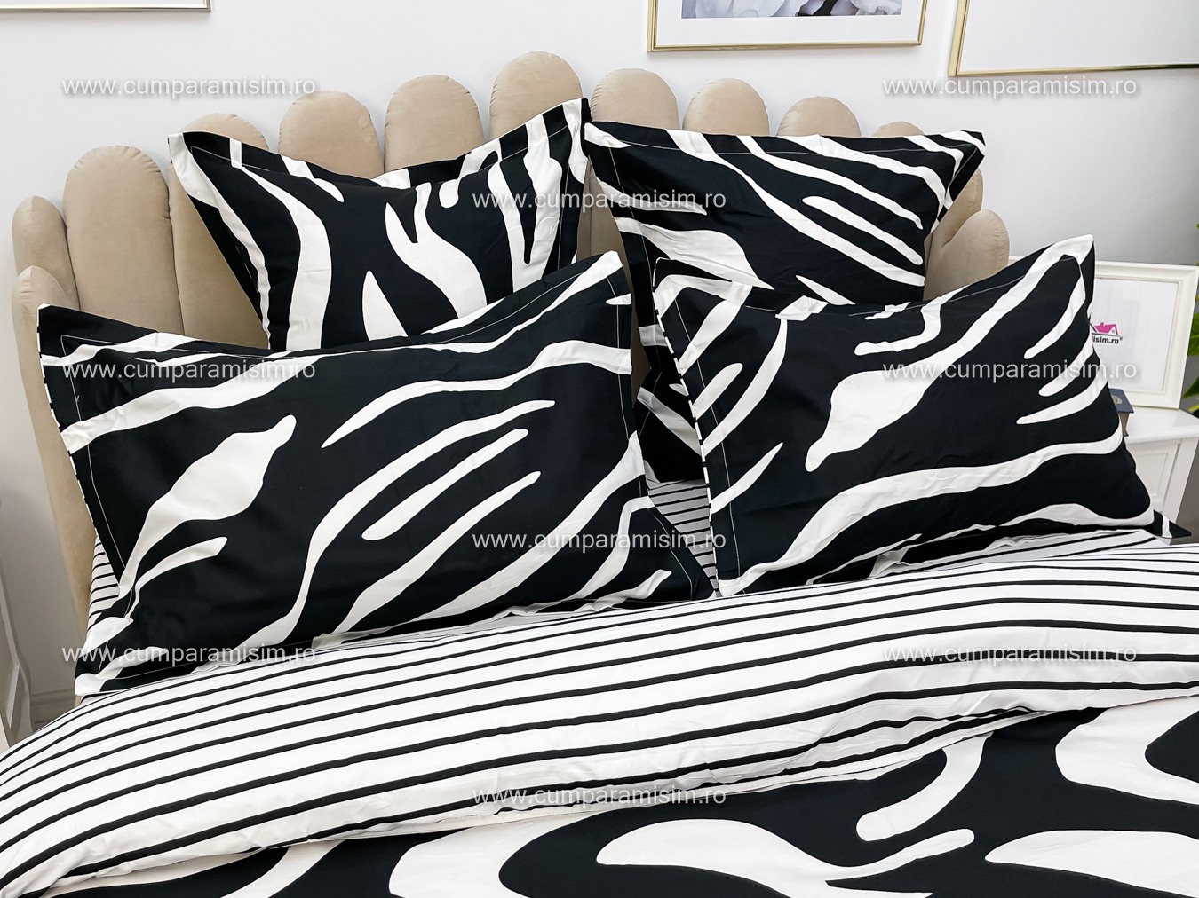 Poze Lenjerie pat dublu,  FINET, 6 piese, cu ELASTIC, Jojo Home, Alb-Negru, animal print cumparamisim.ro