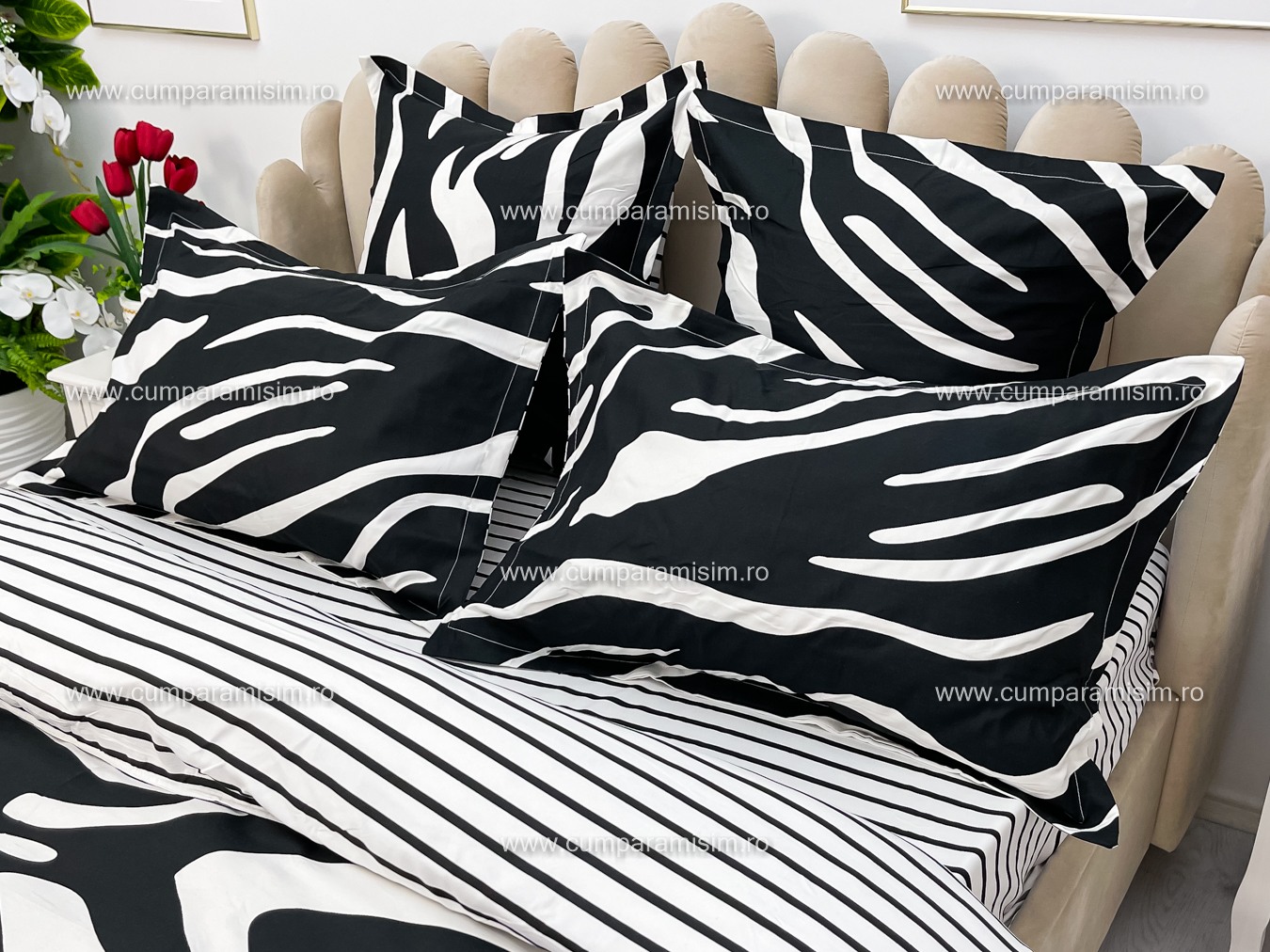 Poze Lenjerie pat dublu,  FINET, 6 piese, cu ELASTIC, Jojo Home, Alb-Negru, animal print cumparamisim.ro
