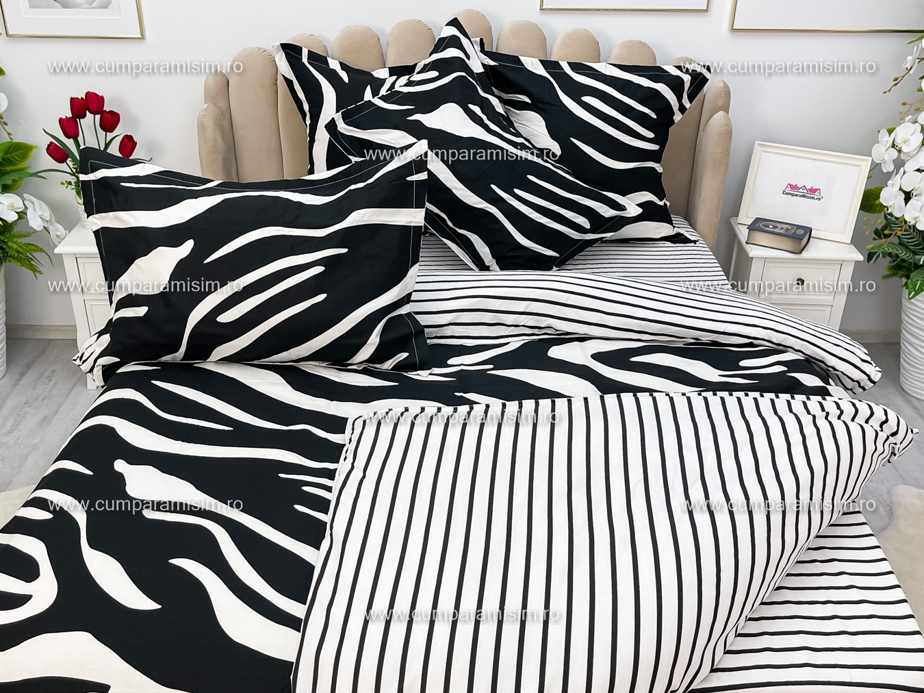 Poze Lenjerie pat dublu,  FINET, 6 piese, cu ELASTIC, Jojo Home, Alb-Negru, animal print cumparamisim.ro