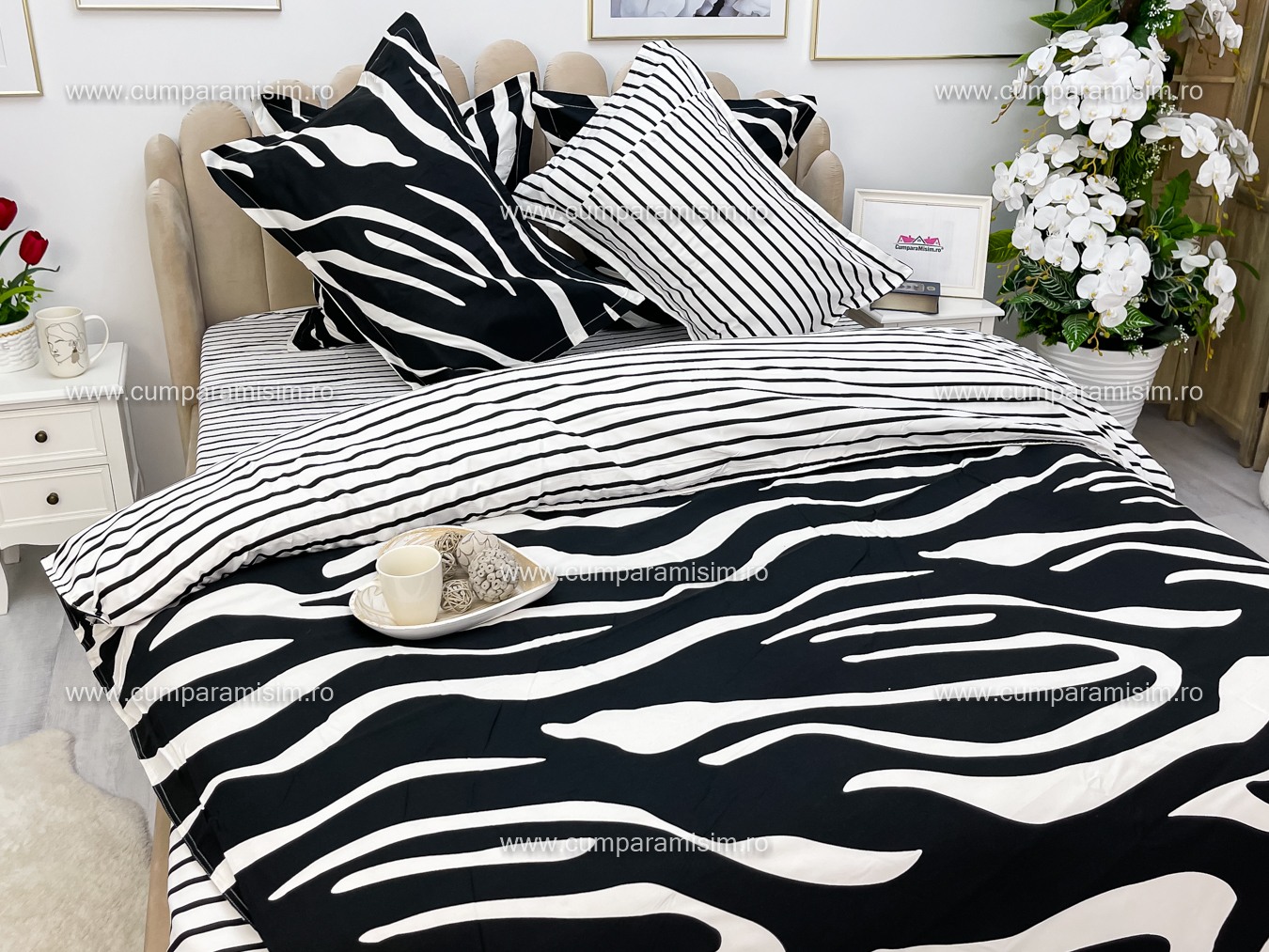 Poze Lenjerie pat dublu,  FINET, 6 piese, cu ELASTIC, Jojo Home, Alb-Negru, animal print cumparamisim.ro