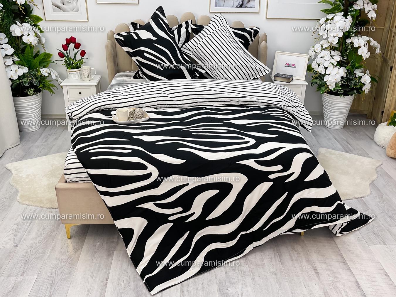 Poze Lenjerie pat dublu,  FINET, 6 piese, cu ELASTIC, Jojo Home, Alb-Negru, animal print cumparamisim.ro