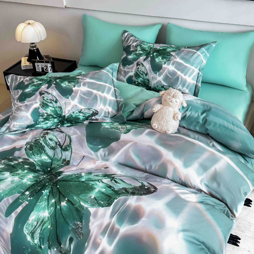 Poze Lenjerie pat dublu, FINET, Imprimeu Digital 5D - Identic cu poza, Cu ELASTIC, 6 piese, Jojo Home, Gri, Turquoise, Fluturi cumparamisim.ro