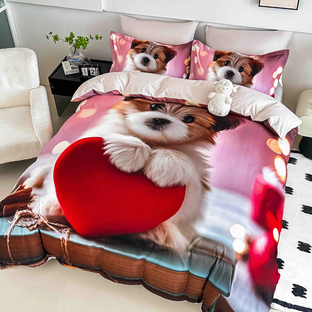 Poze Lenjerie pat dublu, FINET, Imprimeu Digital 5D - Identic cu poza, Cu ELASTIC, 6 piese, Jojo Home, Roz, Catelus cu Inimioara cumparamisim.ro