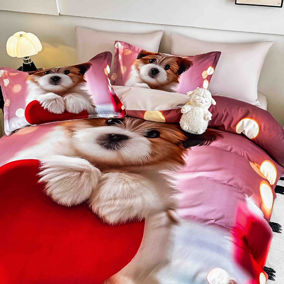 Poze Lenjerie pat dublu, FINET, Imprimeu Digital 5D - Identic cu poza, Cu ELASTIC, 6 piese, Jojo Home, Roz, Catelus cu Inimioara cumparamisim.ro