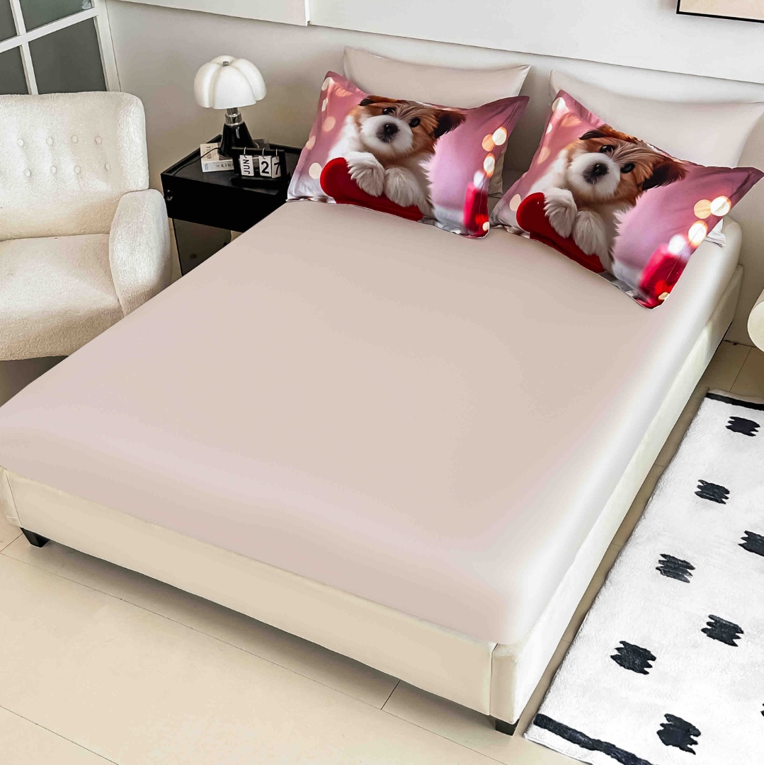 Poze Lenjerie pat dublu, FINET, Imprimeu Digital 5D - Identic cu poza, Cu ELASTIC, 6 piese, Jojo Home, Roz, Catelus cu Inimioara cumparamisim.ro