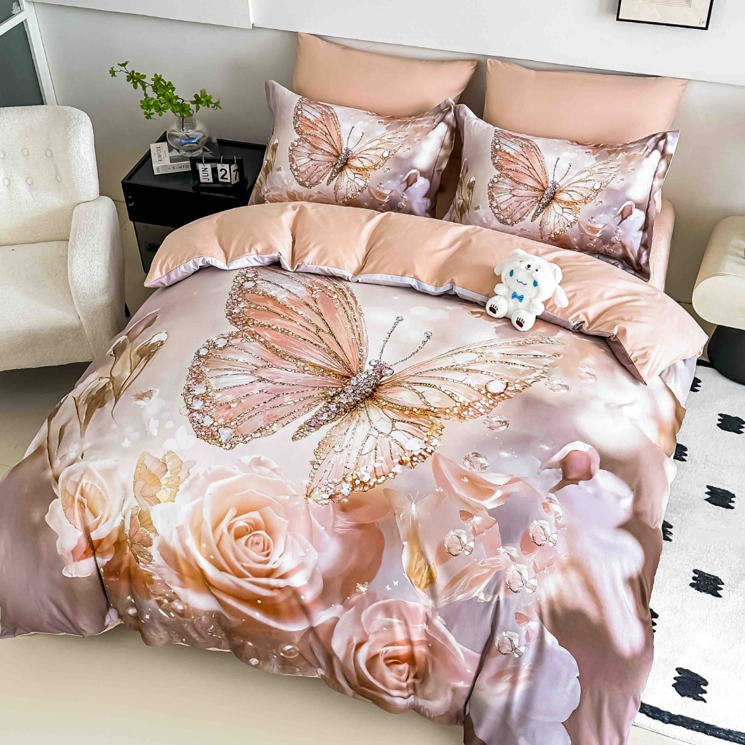 Poze Lenjerie pat dublu, FINET, Imprimeu Digital 5D - Identic cu poza, Cu ELASTIC, 6 piese, Jojo Home, Sampanie, Trandafiri, Fluturi cumparamisim.ro