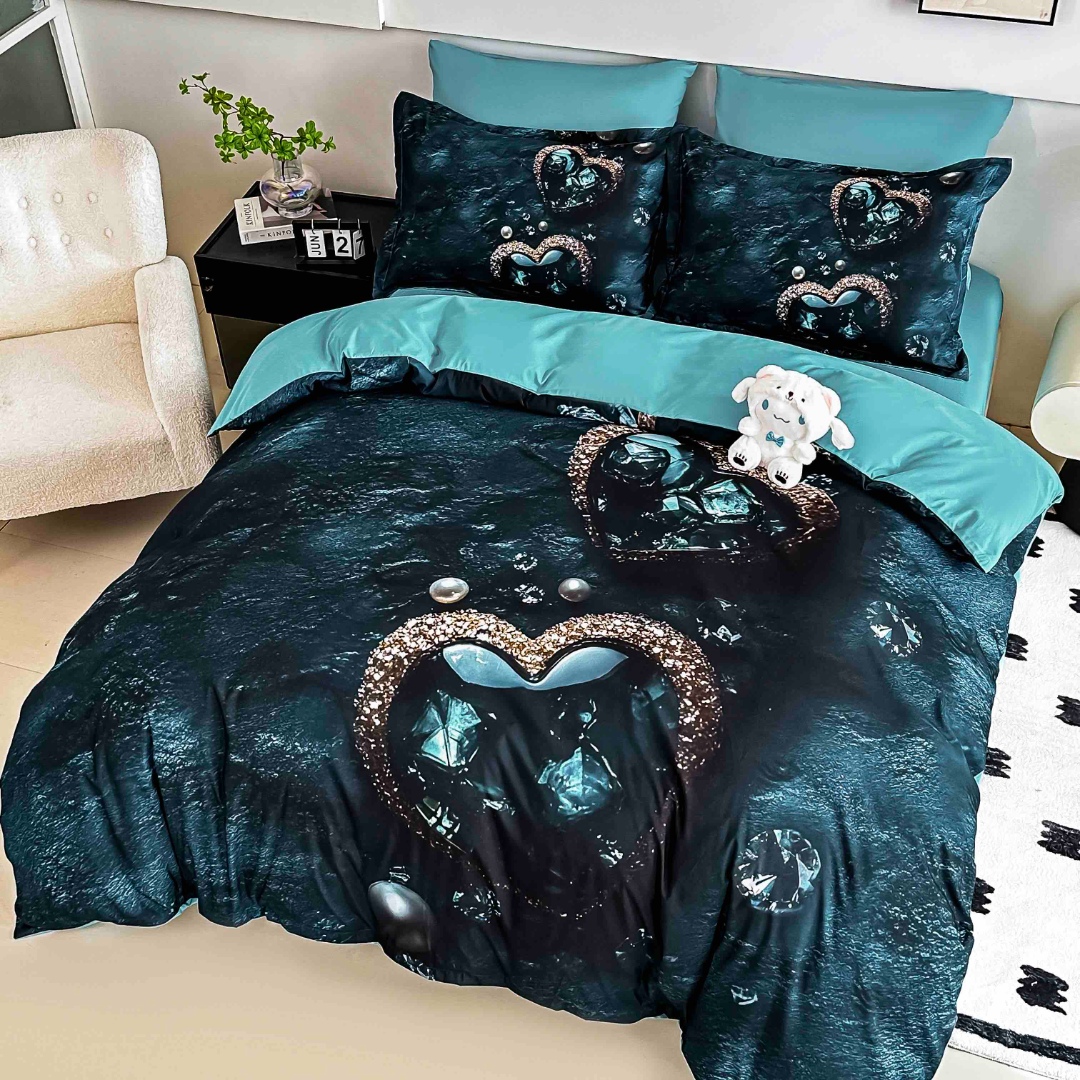 Poze Lenjerie pat dublu, FINET, Imprimeu Digital 5D - Identic cu poza, Cu ELASTIC, 6 piese, Jojo Home, Turquoise inchis, Inima Oceanului cumparamisim.ro