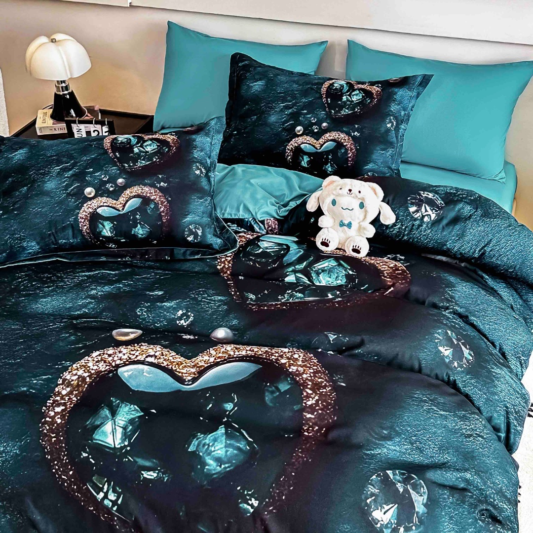 Poze Lenjerie pat dublu, FINET, Imprimeu Digital 5D - Identic cu poza, Cu ELASTIC, 6 piese, Jojo Home, Turquoise inchis, Inima Oceanului cumparamisim.ro