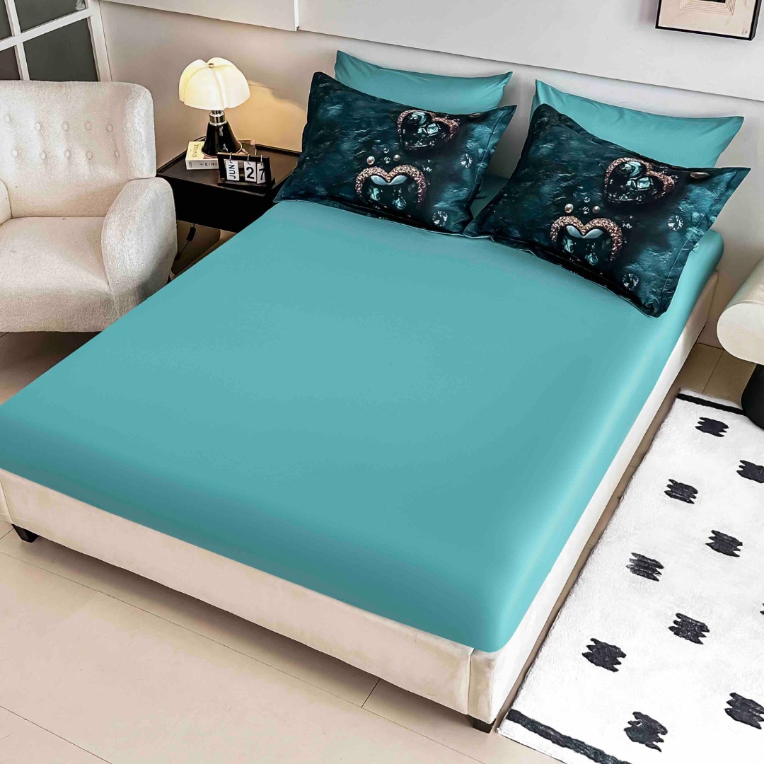 Poze Lenjerie pat dublu, FINET, Imprimeu Digital 5D - Identic cu poza, Cu ELASTIC, 6 piese, Jojo Home, Turquoise inchis, Inima Oceanului cumparamisim.ro
