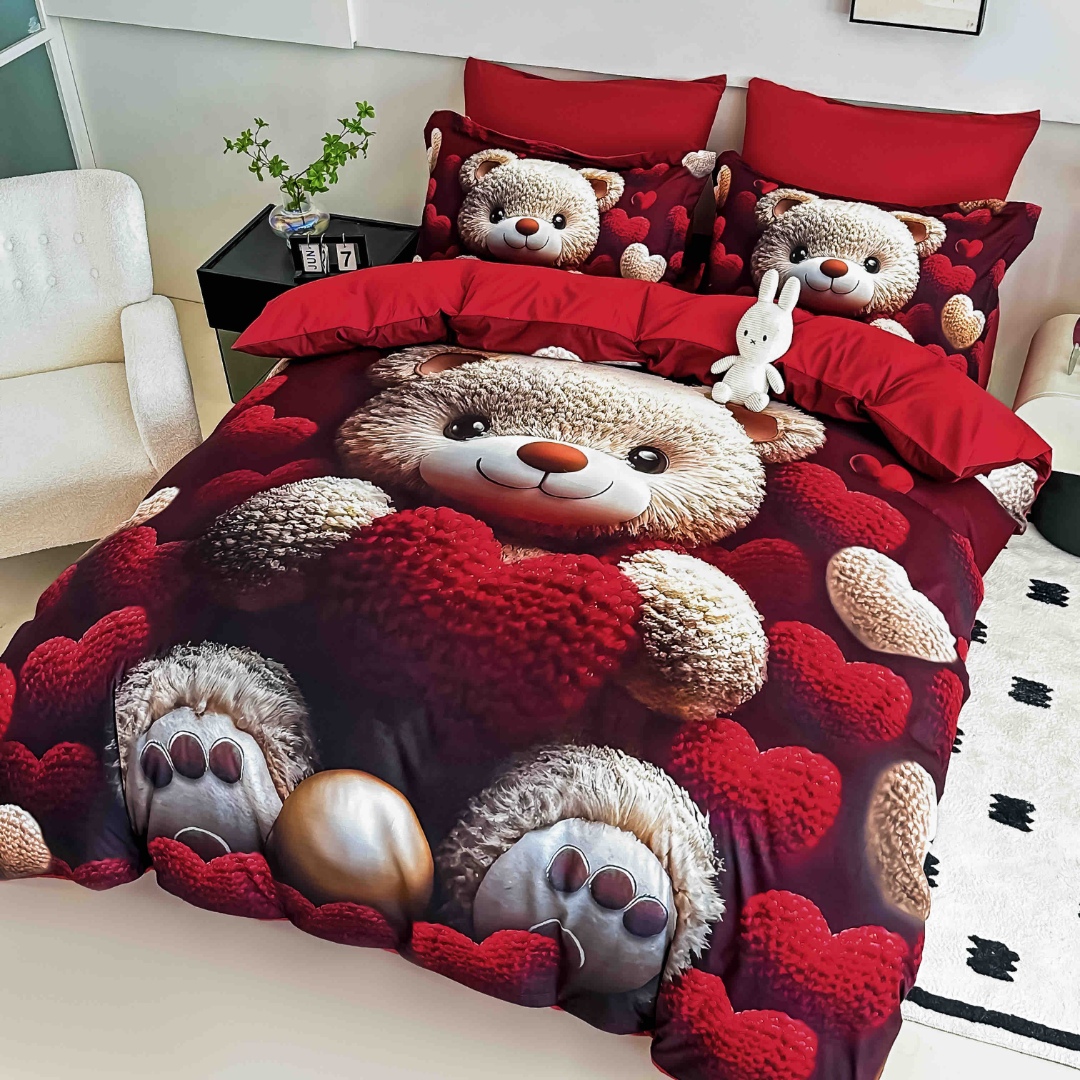 Poze Lenjerie pat dublu, FINET, Imprimeu Digital 5D - Identic cu poza, Cu ELASTIC, 6 piese, Jojo Home, Rosu, Bej, Inimioare, Ursulet cumparamisim.ro