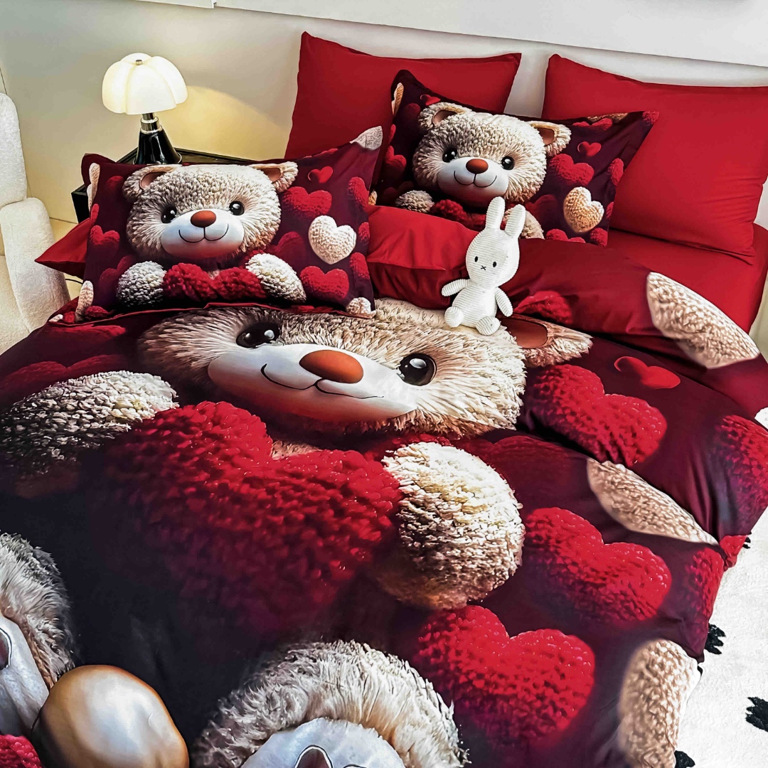 Poze Lenjerie pat dublu, FINET, Imprimeu Digital 5D - Identic cu poza, Cu ELASTIC, 6 piese, Jojo Home, Rosu, Bej, Inimioare, Ursulet cumparamisim.ro