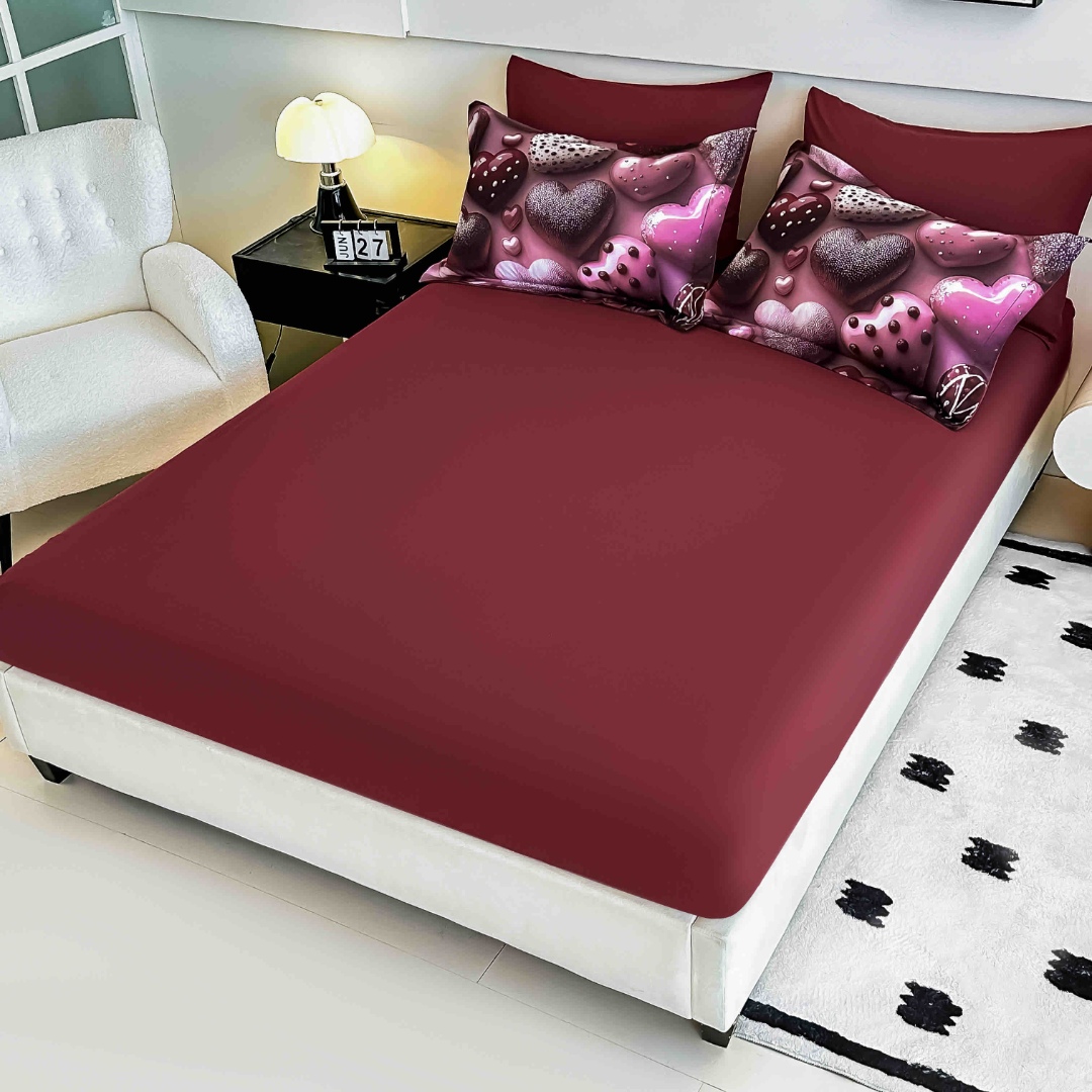 Poze Lenjerie pat dublu, FINET, Imprimeu Digital 5D - Identic cu poza, Cu ELASTIC, 6 piese, Jojo Home, Rosu, Bej, Inimioare, Ursulet cumparamisim.ro