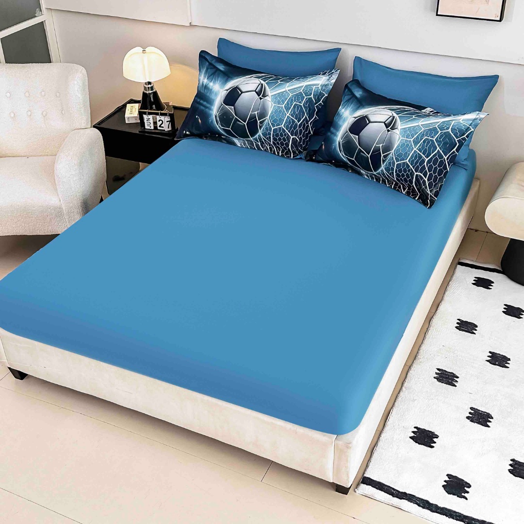 Poze Lenjerie pat dublu, FINET, Imprimeu Digital 5D - Identic cu poza, Cu ELASTIC, 6 piese, Jojo Home, Albastru, Verde, Minge de Fotbal cumparamisim.ro