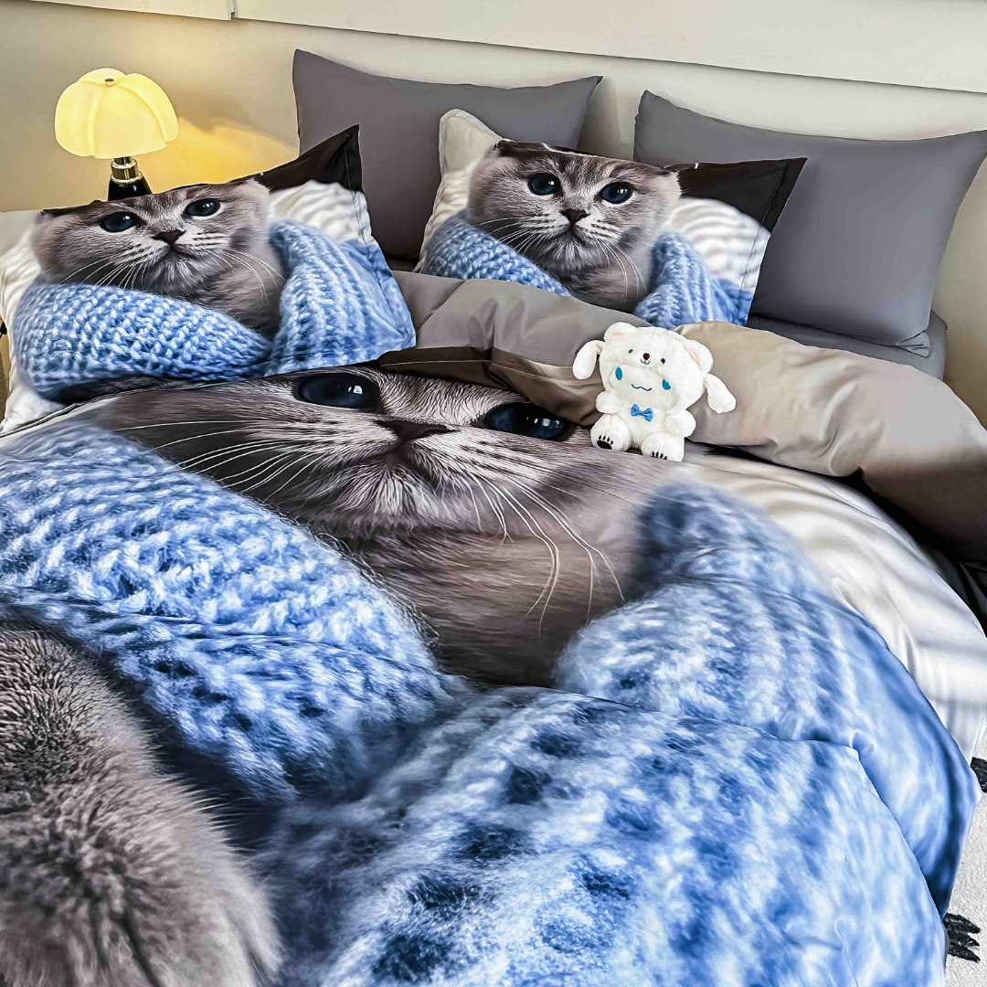 Poze Lenjerie pat dublu, FINET, Imprimeu Digital 5D - Identic cu poza, Cu ELASTIC, 6 piese, Jojo Home, Gri, Bleu, Pisicuta cumparamisim.ro