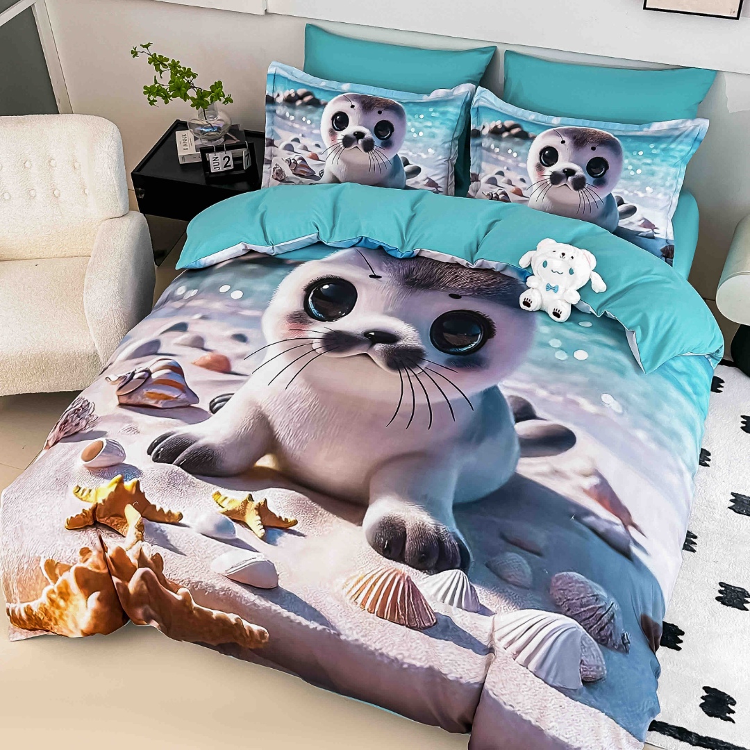 Poze Lenjerie pat dublu, FINET, Imprimeu Digital 5D - Identic cu poza, Cu ELASTIC, 6 piese, Jojo Home, Bej, Bleu, Foca cumparamisim.ro