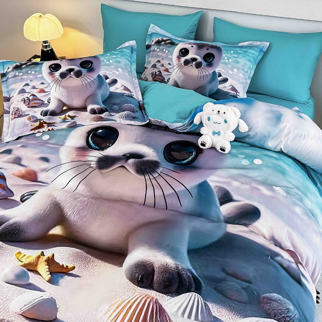 Poze Lenjerie pat dublu, FINET, Imprimeu Digital 5D - Identic cu poza, Cu ELASTIC, 6 piese, Jojo Home, Bej, Bleu, Foca cumparamisim.ro