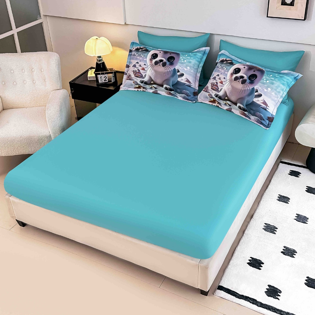 Poze Lenjerie pat dublu, FINET, Imprimeu Digital 5D - Identic cu poza, Cu ELASTIC, 6 piese, Jojo Home, Bej, Bleu, Foca cumparamisim.ro