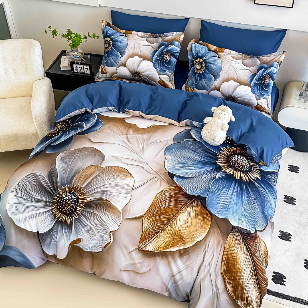 Poze Lenjerie pat dublu, FINET, Imprimeu Digital 5D - Identic cu poza, Cu ELASTIC, 6 piese, Jojo Home, Crem, Albastru, Flori cumparamisim.ro