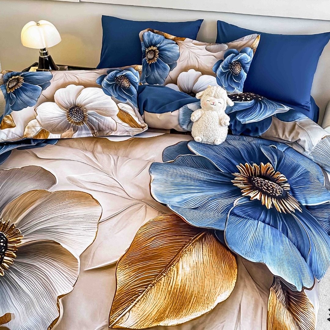 Poze Lenjerie pat dublu, FINET, Imprimeu Digital 5D - Identic cu poza, Cu ELASTIC, 6 piese, Jojo Home, Crem, Albastru, Flori cumparamisim.ro