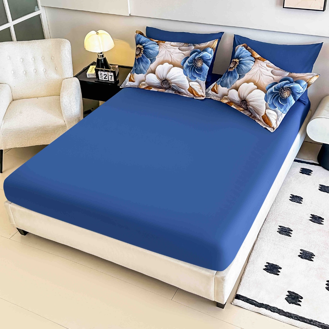 Poze Lenjerie pat dublu, FINET, Imprimeu Digital 5D - Identic cu poza, Cu ELASTIC, 6 piese, Jojo Home, Crem, Albastru, Flori cumparamisim.ro