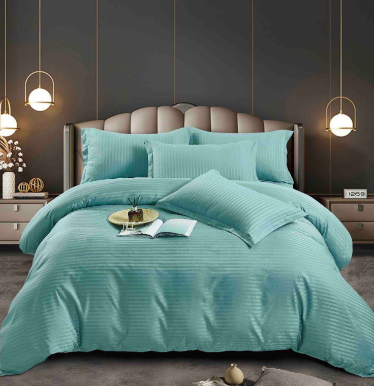 Poze Lenjerie HoReCa, pat dublu, Damasc Finetat Deluxe cu Elastic, 6 piese, Jojo Home, Menta cumparamisim.ro