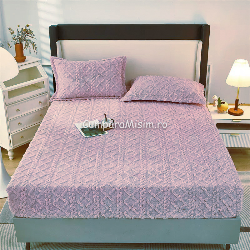 Poze Cearsaf cu elastic COCOLINO, 180x200x25cm, 2 fete de perne, Jojo Home, model Tricotat, Lila cumparamisim.ro