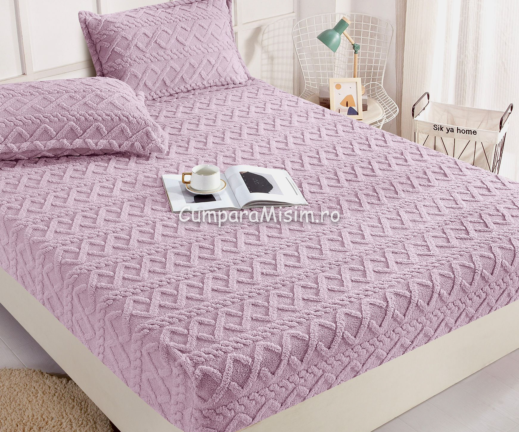Poze Cearsaf cu elastic COCOLINO, 180x200x25cm, 2 fete de perne, Jojo Home, model Tricotat, Lila cumparamisim.ro