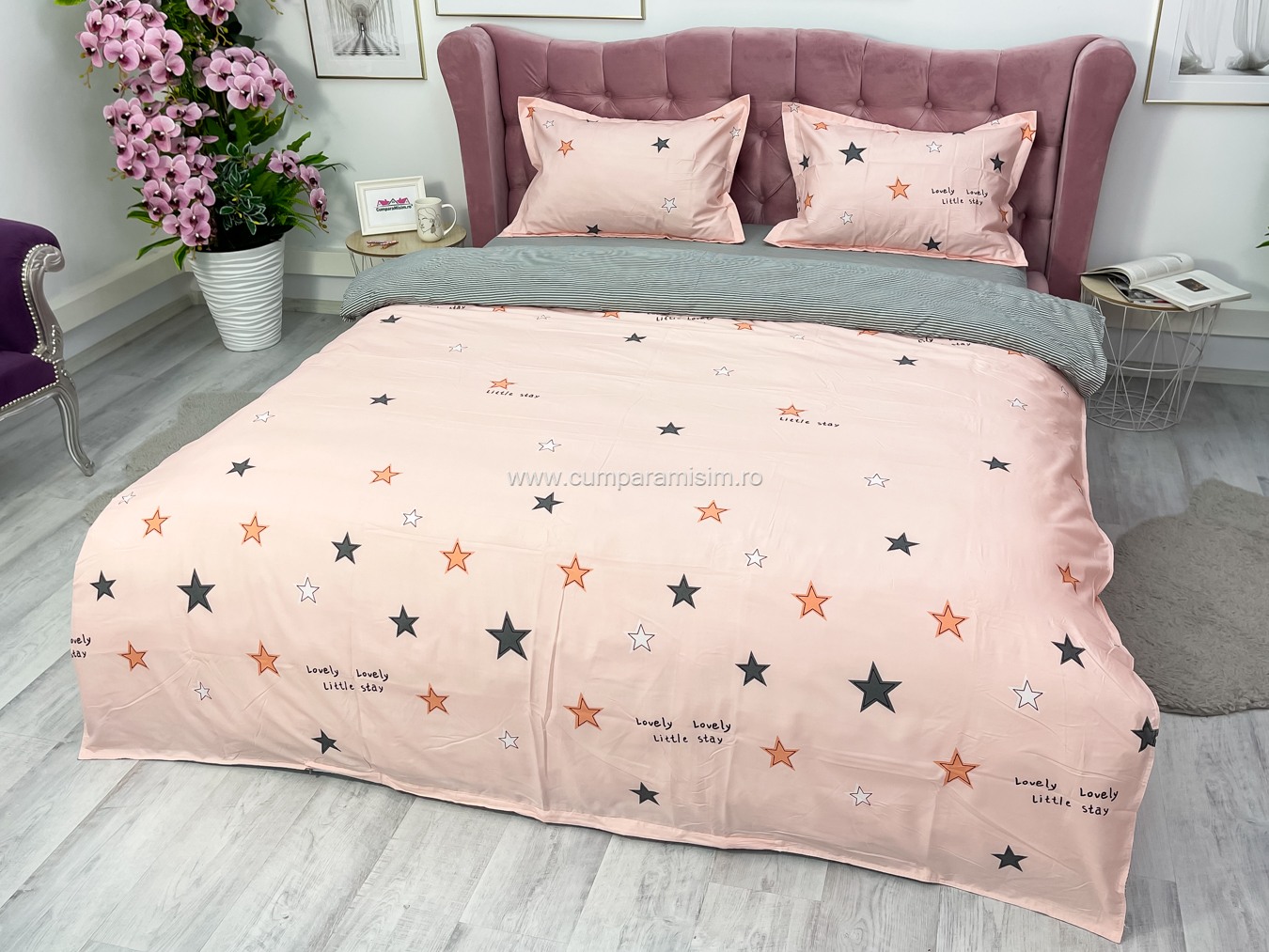 Poze (OFERTA 3 la 219 Lei) Lenjerie pat dublu cu Elastic (160x200cm si 180x200cm), bumbac satinat, Roz, stelute cumparamisim.ro