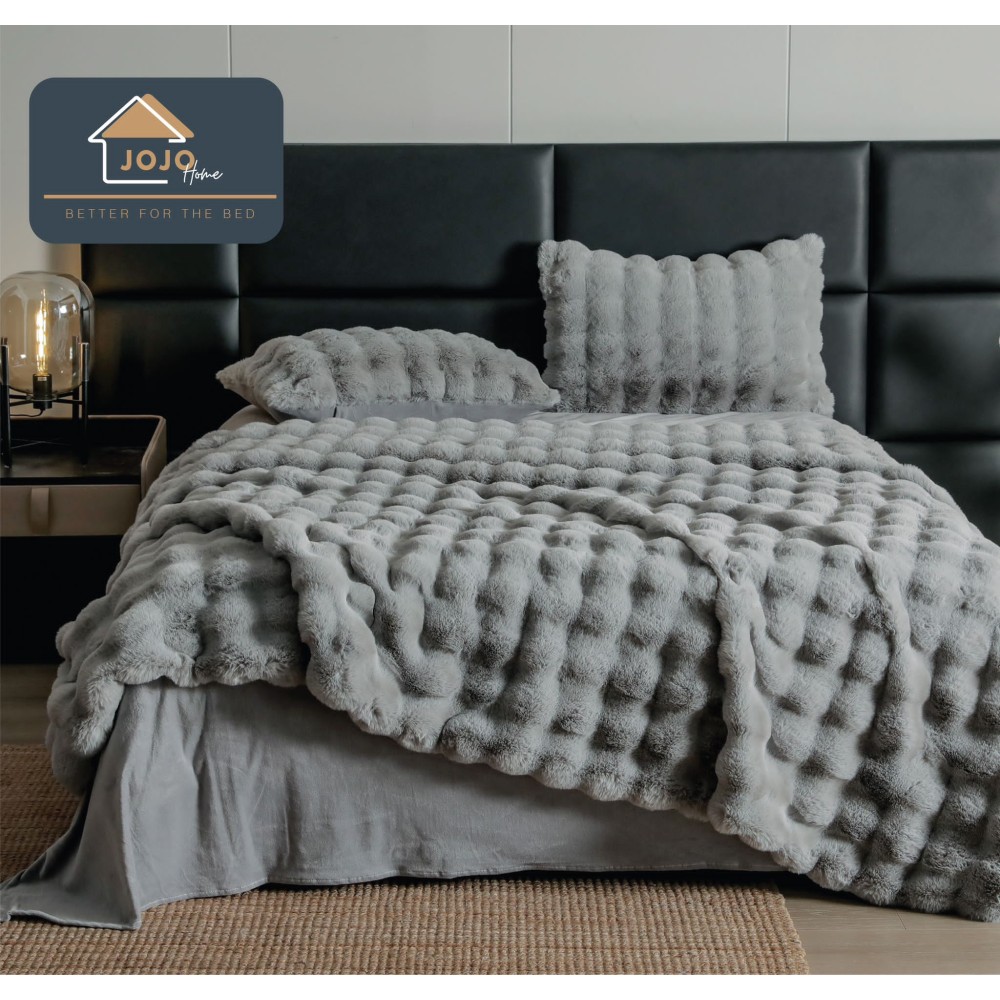 Lenjerie Luxury Pat Dublu, Jojo Home, ExtraPufoasa, din Blanita Artificiala tip Iepure, 6 piese, Gri deschis – imagine 2