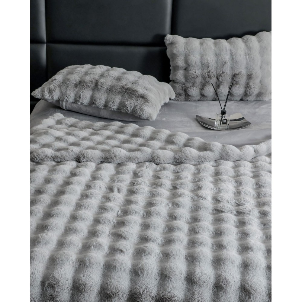 Lenjerie Luxury Pat Dublu, Jojo Home, ExtraPufoasa, din Blanita Artificiala tip Iepure, 6 piese, Gri deschis – imagine 7