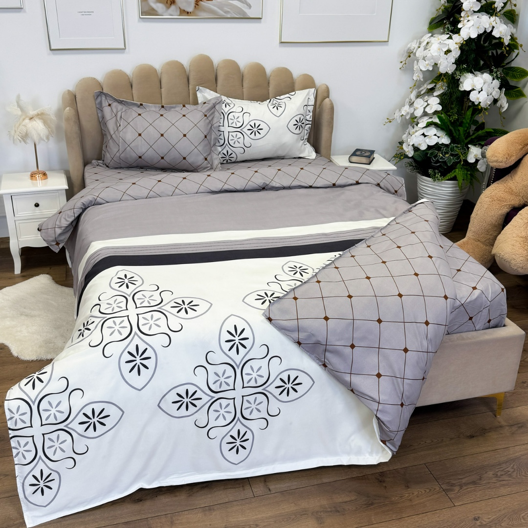 Lenjerie pat dublu bumbac satinat - 3 Bucati 219 Lei -   Gri model clasic - imagine 4
