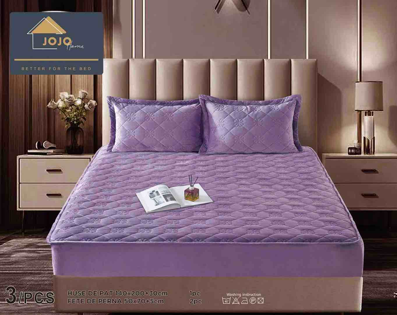 Poze Husã matlasatã tip topper din catifea, 140x200cm + 2 fete de perna 50x70cm, Lila cumparamisim.ro