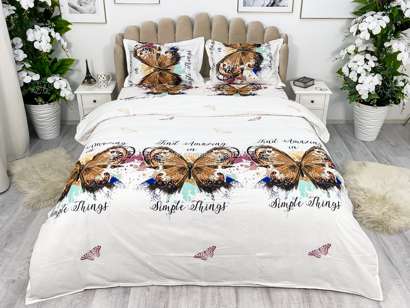 Poze (OFERTA 3 la 199 Lei) Lenjerie pat dublu, 4 piese, IMPRIMEU 3D Multiplicat, Microfibra, Auriu, fluturi cumparamisim.ro