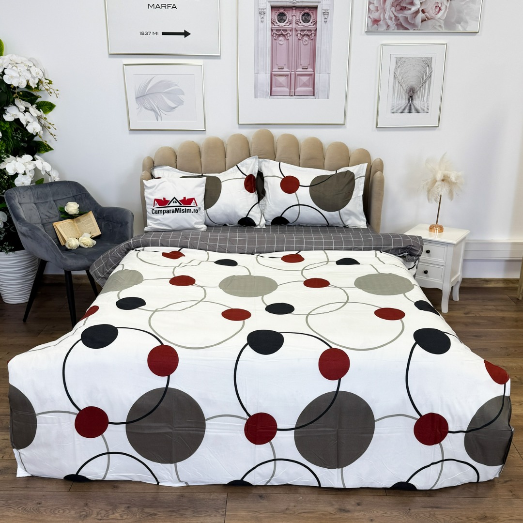 Poze (OFERTA 3 la 219 Lei) Lenjerie pat dublu cu Elastic (160x200cm si 180x200cm), bumbac satinat, Alb, Gri, buline cumparamisim.ro