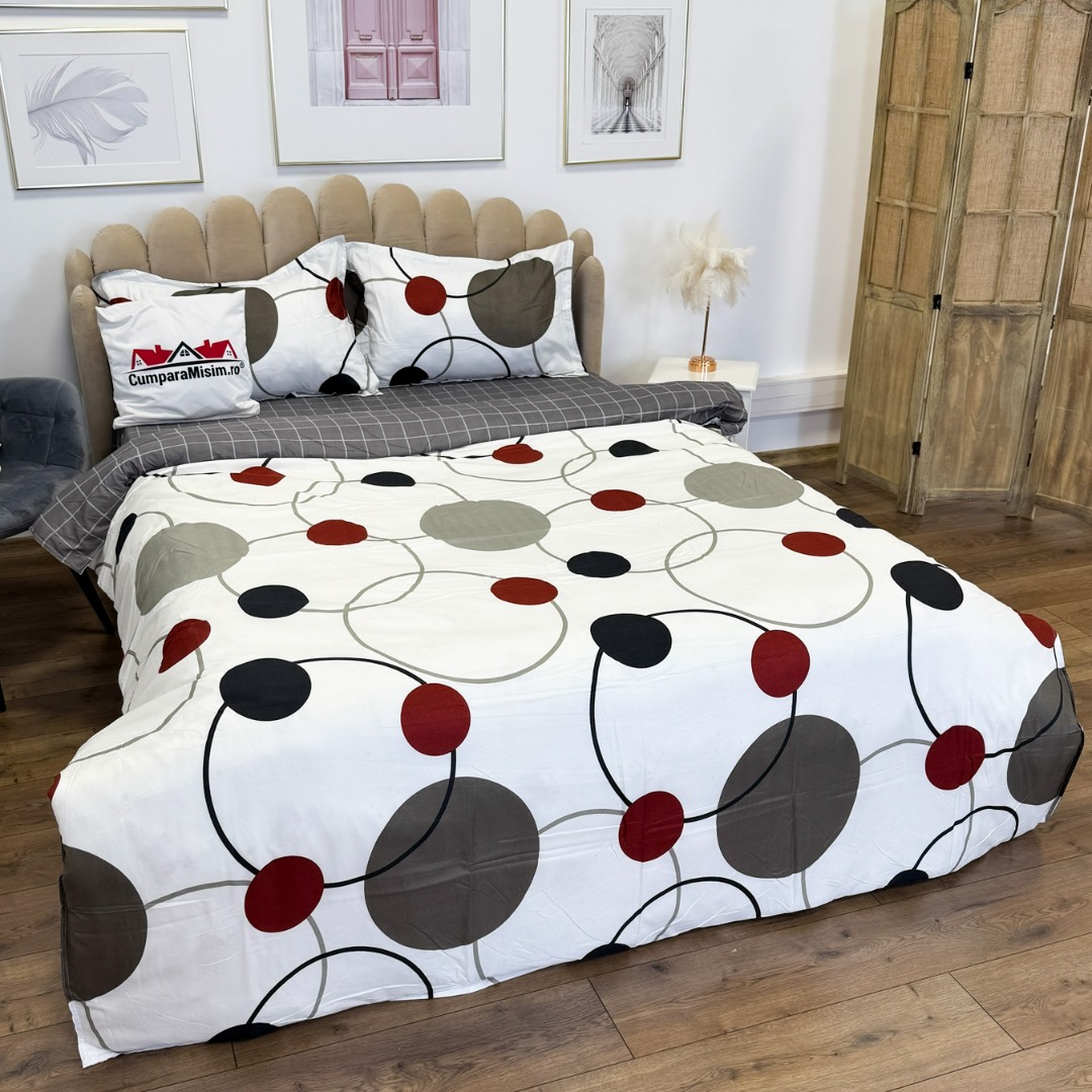 Poze (OFERTA 3 la 219 Lei) Lenjerie pat dublu cu Elastic (160x200cm si 180x200cm), bumbac satinat, Alb, Gri, buline cumparamisim.ro