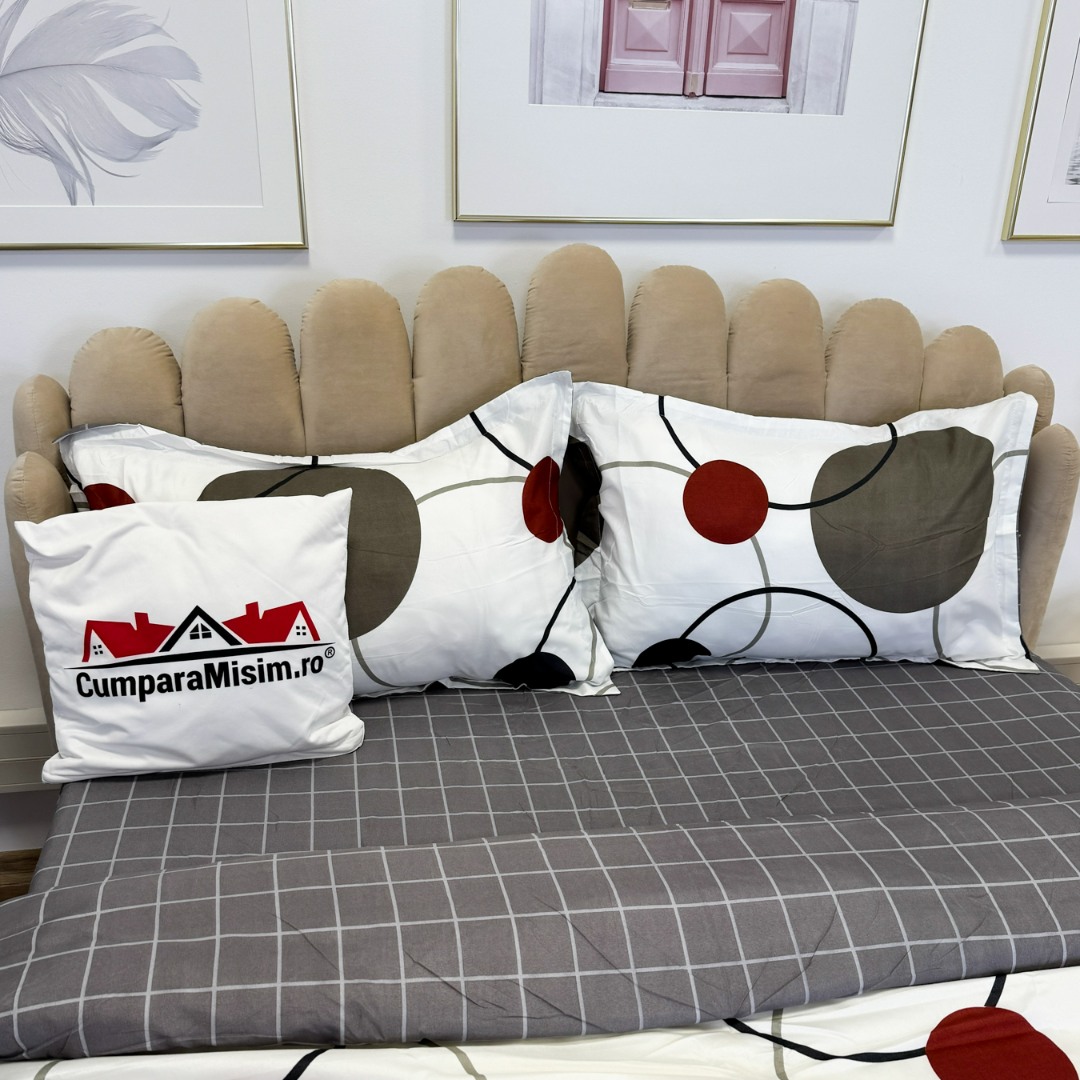 Poze (OFERTA 3 la 219 Lei) Lenjerie pat dublu cu Elastic (160x200cm si 180x200cm), bumbac satinat, Alb, Gri, buline cumparamisim.ro