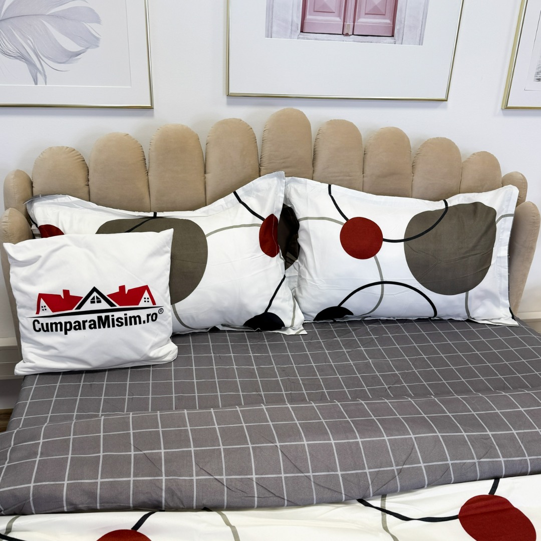 Poze (OFERTA 3 la 219 Lei) Lenjerie pat dublu cu Elastic (160x200cm si 180x200cm), bumbac satinat, Alb, Gri, buline cumparamisim.ro