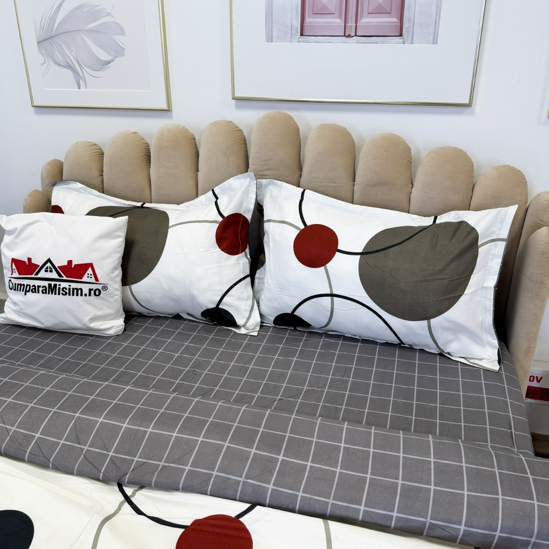 Poze (OFERTA 3 la 219 Lei) Lenjerie pat dublu cu Elastic (160x200cm si 180x200cm), bumbac satinat, Alb, Gri, buline cumparamisim.ro