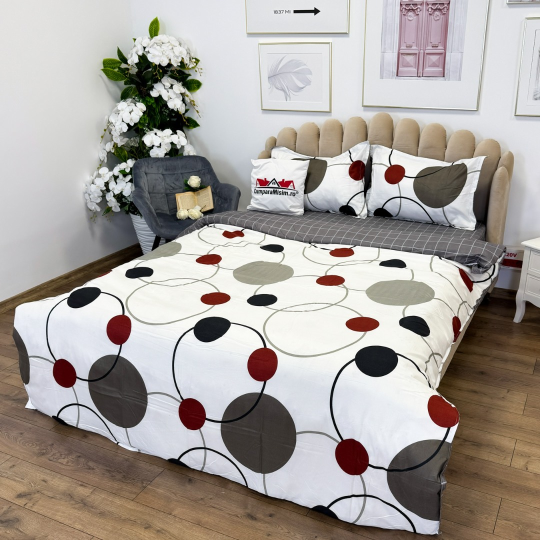 Poze (OFERTA 3 la 219 Lei) Lenjerie pat dublu cu Elastic (160x200cm si 180x200cm), bumbac satinat, Alb, Gri, buline cumparamisim.ro