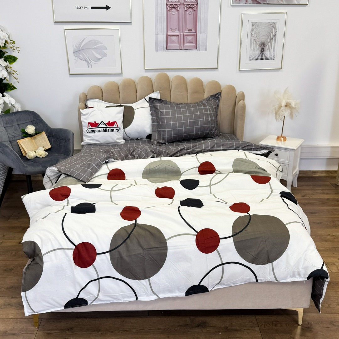 Poze (OFERTA 3 la 219 Lei) Lenjerie pat dublu cu Elastic (160x200cm si 180x200cm), bumbac satinat, Alb, Gri, buline cumparamisim.ro